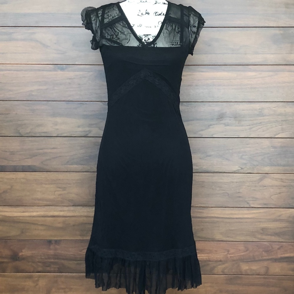 Black Mini Dress With Illusion V Neck Short Sleeve